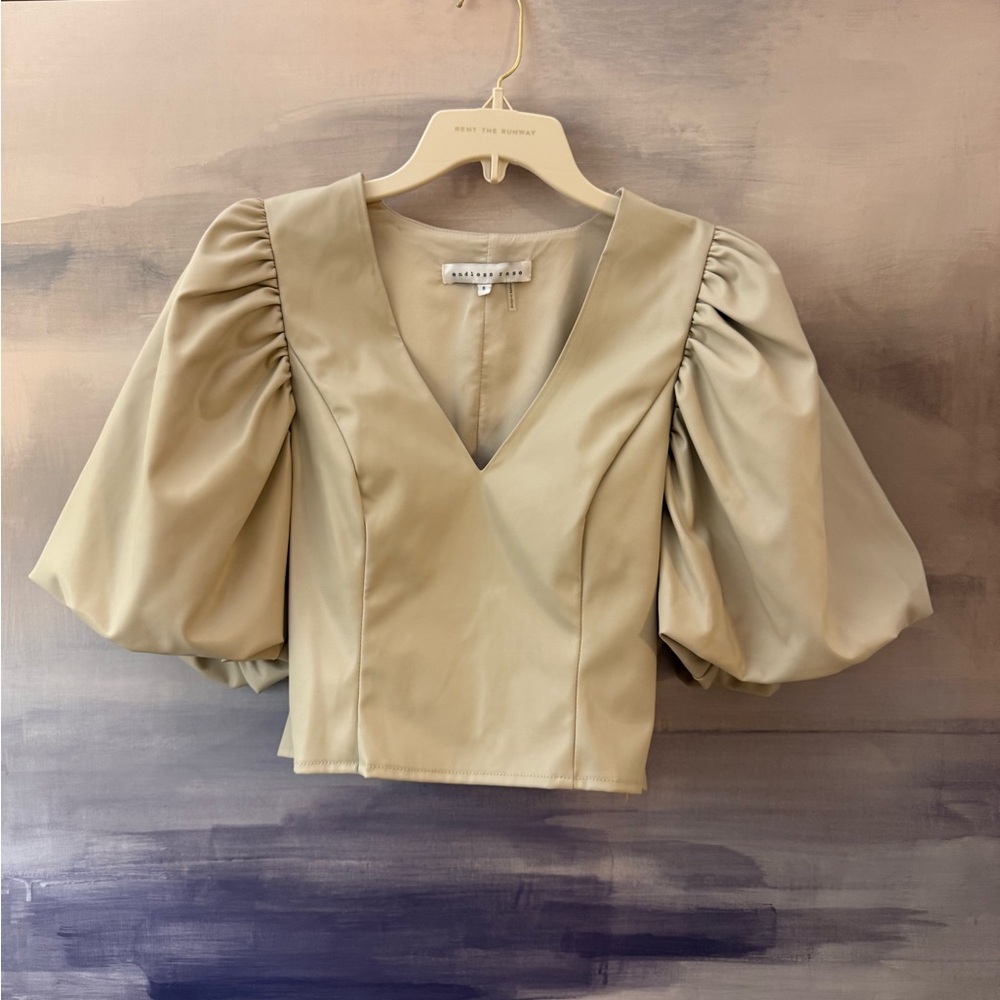 Women’s Cream Puff Sleeve Leather look Crop Blouse